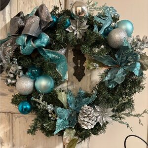 Elegant Silver and Teal Holiday Wreath